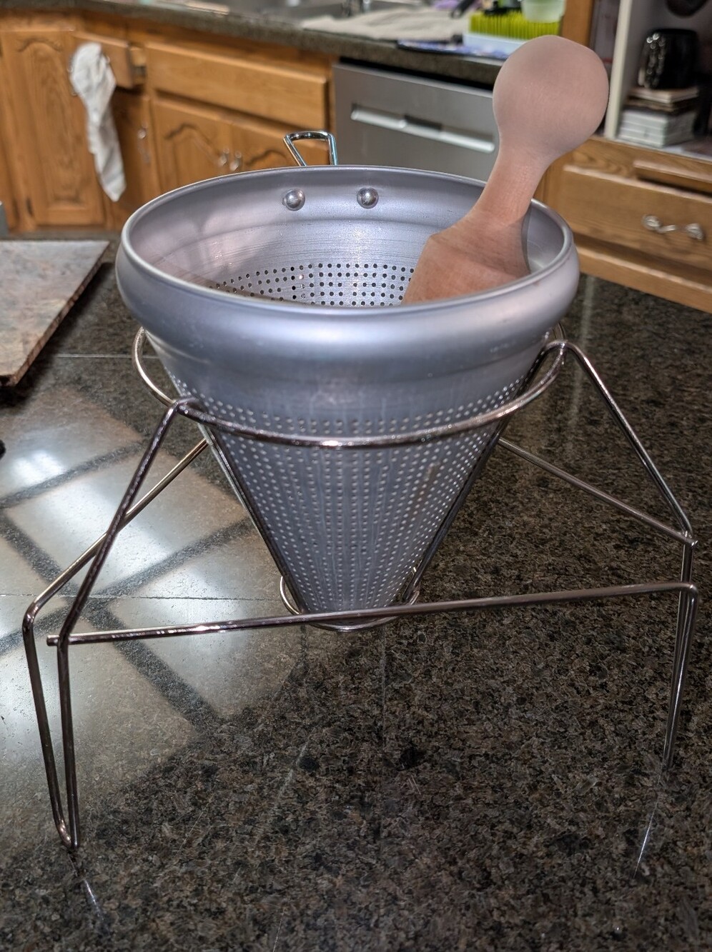 Vintage Aluminum Cone Strainer with Stand & Wooden Pestle